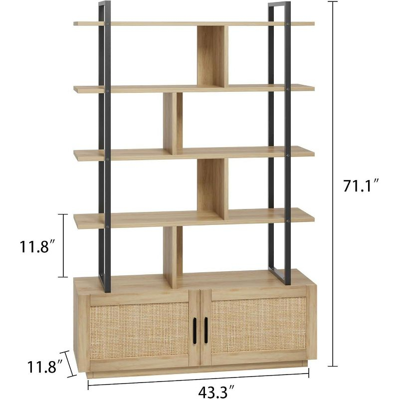 5 Tier Rattan Bookshelf with Storage Cabinet & Door, 71.1 Inch Tall Industrial Book Shelf,5 Shelf Bookcase with Metal Frame-Burlywood