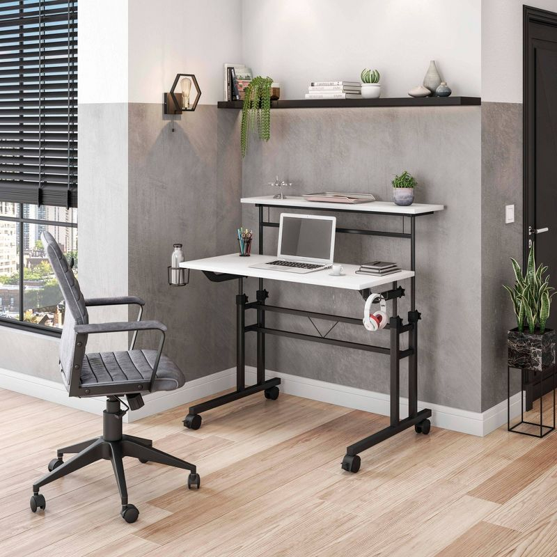 Rolling Writing Desk with Height Adjustable Desktop and Moveable Shelf White - Techni Mobili: Locking Casters, Open Storage