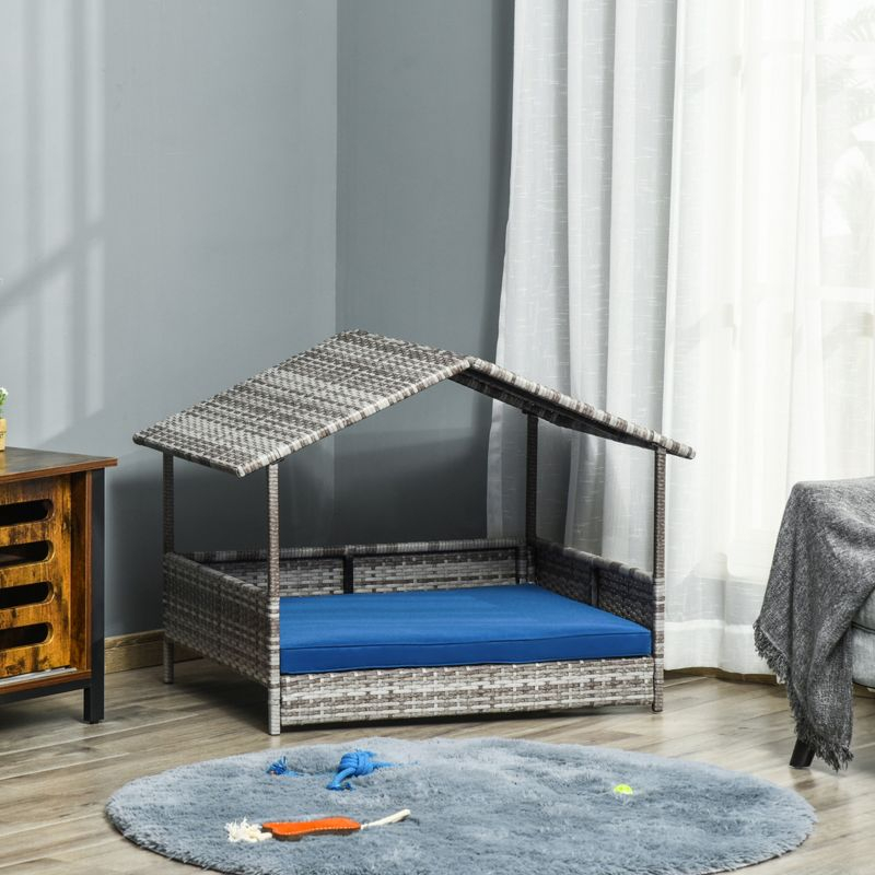PawHut Wicker Dog House Elevated Raised Rattan Bed for Indoor/Outdoor with Removable Cushion Lounge, Dark Blue