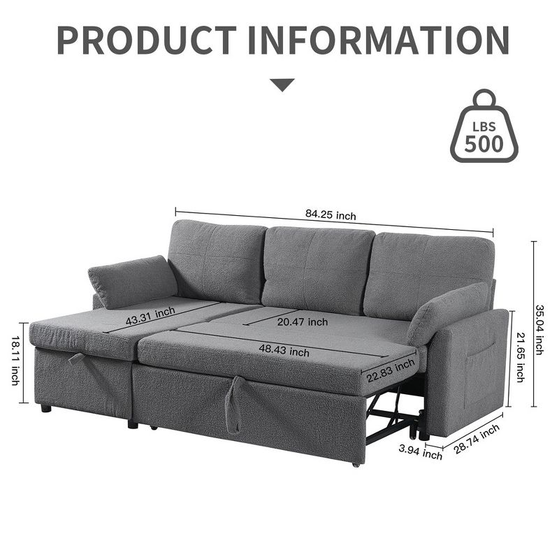 84.2" Sleeper Sofa Bed,Pull Out Sofa Bed with Storage Chaise L Shape Sectional Sofa Bed in Gray