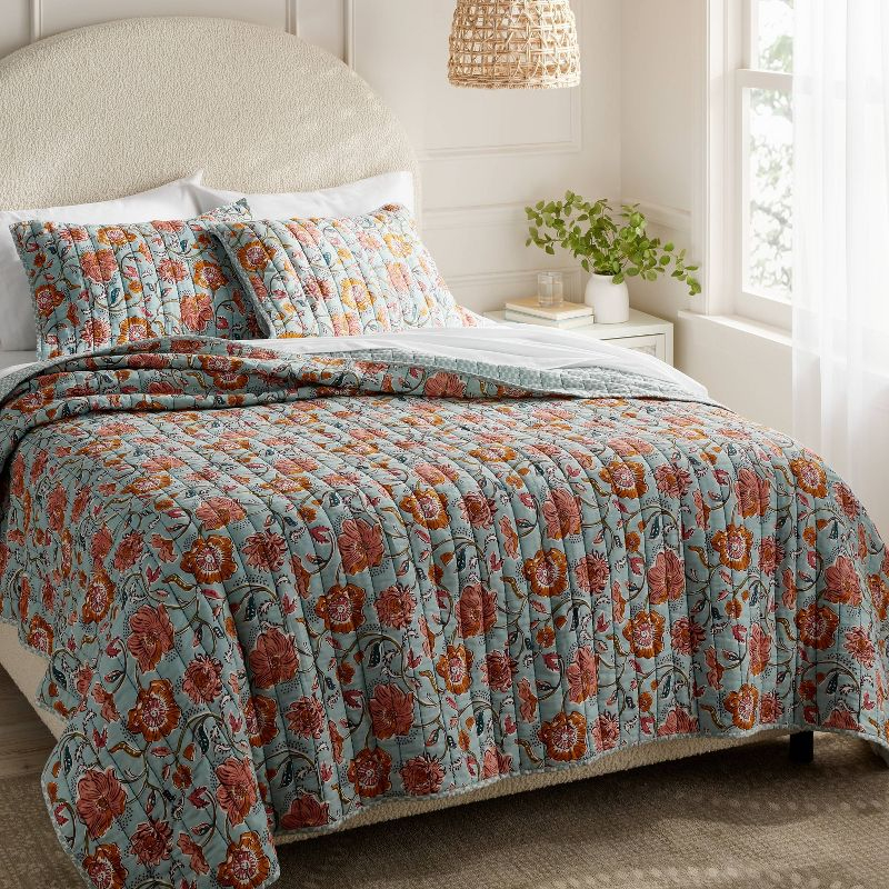 Full/Queen Earthy Vines Quilt Light Teal Blue/Mustard Yellow/Light Pink Floral - Threshold™: Cotton Voile, Machine Washable, OEKO-TEX Certified