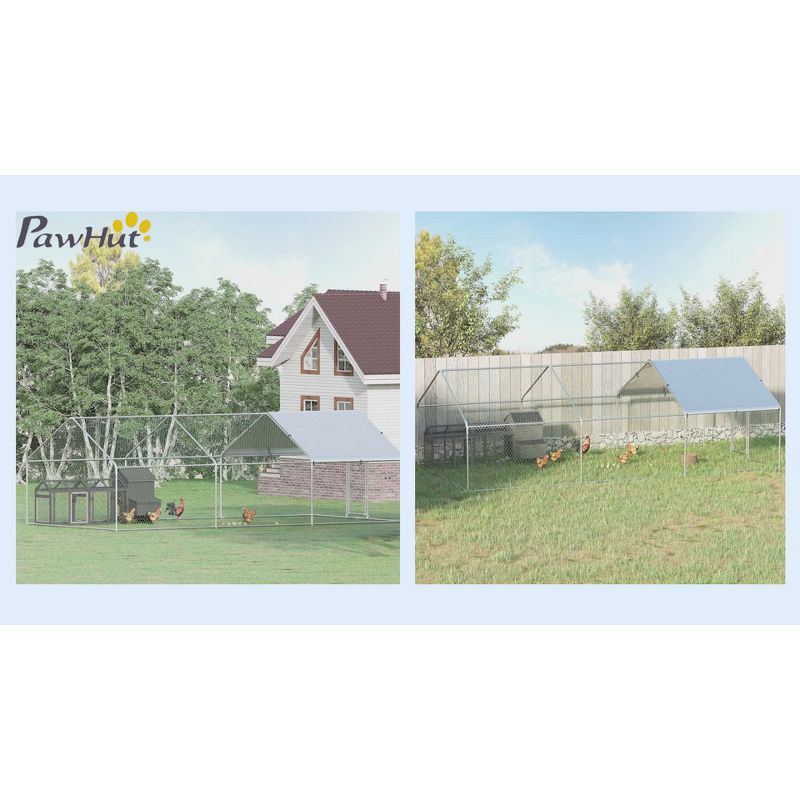 PawHut Galvanized Large Metal Chicken Coop Cage, 3 Room Walk-in Enclosure, Poultry Hen House with UV & Water Resistant Cover, 10' x 19.7' x 6.4'