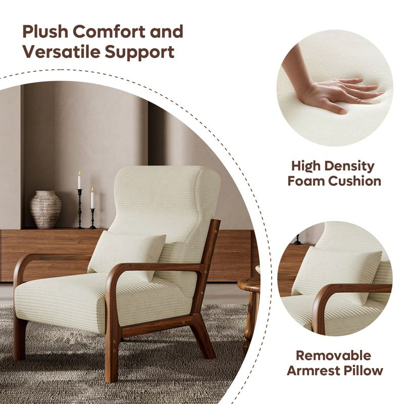 Bestier Mid Century Accent Chair Heightened Headrest with Removable Armrest Pillows,with Solid Wood Frame for Living Room, Bedroom, White
