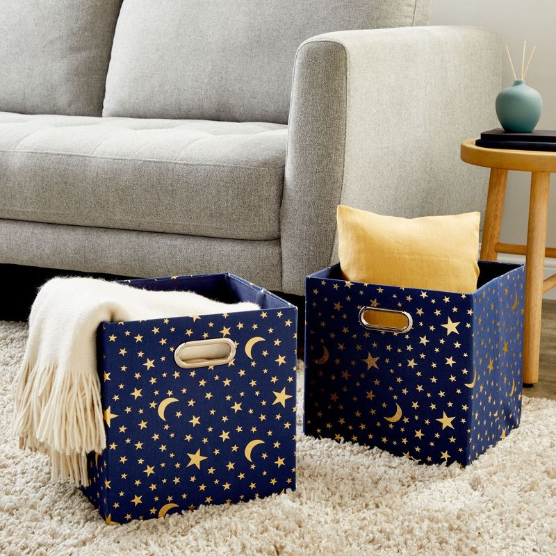 Okuna Outpost 4 Pack Star Storage Cubes, Collapsible Foldable Fabric Organizer Baskets for Clothes, Toys, Gold Moons and Stars, 11 In