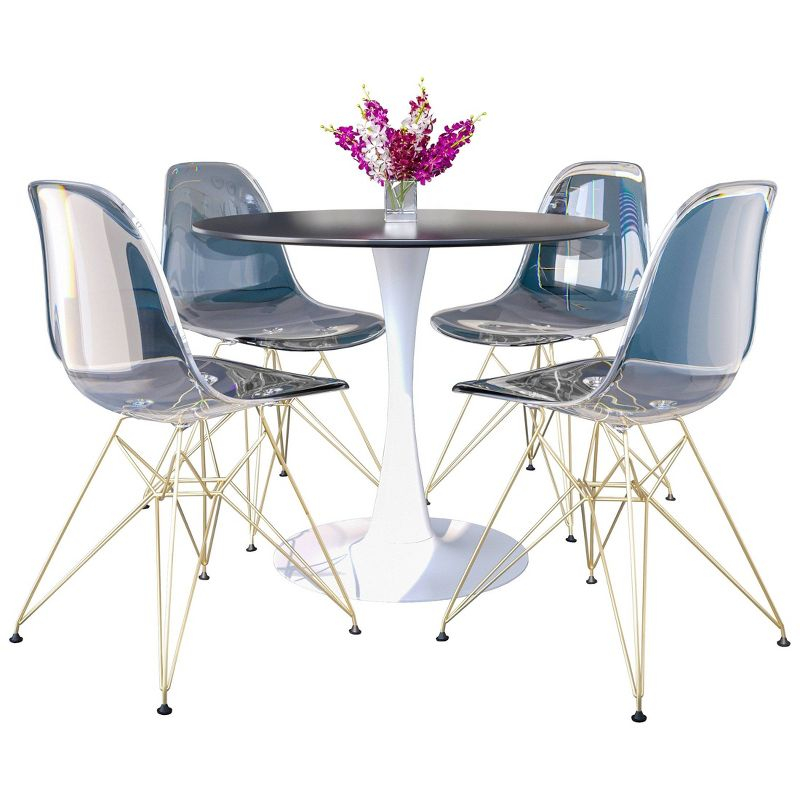 LeisureMod 5-Piece Dining Set with 35" Round Dining Table in White Iron Pedestal Base and 4 ABS Plastic Side Chair with Gold Base, Clear