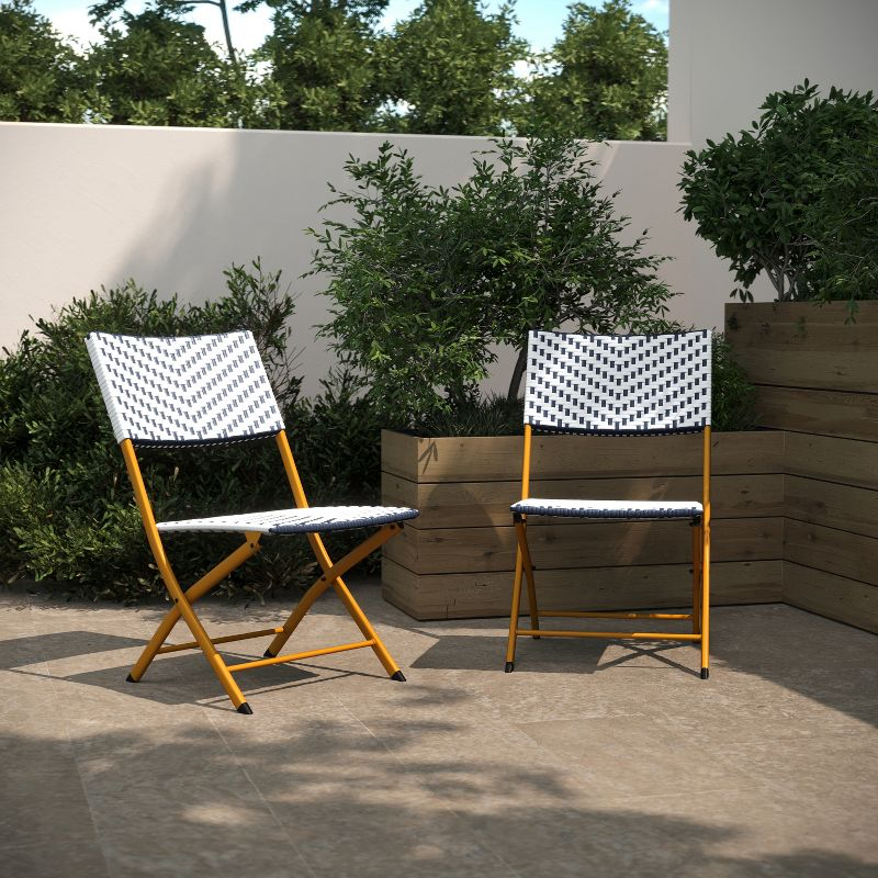 Flash Furniture Rouen Set of 2 Commercial Grade Foldable Bistro Chairs, Indoor/Outdoor PE Rattan Back and Seat, Navy/White with Natural Steel Frames