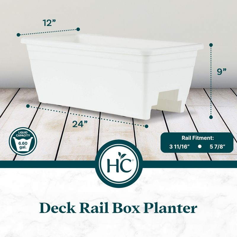 The HC Companies 24 Inch Wide Heavy Duty Plastic Deck Rail Mounted Garden Flower Planter Box with Removable Drainage Plugs, White