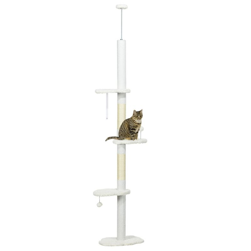 PawHut Floor to Ceiling Cat Tree with Scratching Posts, 88.5" - 100.5" Adjustable Height, Cat Climbing Tower with Cloud Shape Platforms, Balls, White