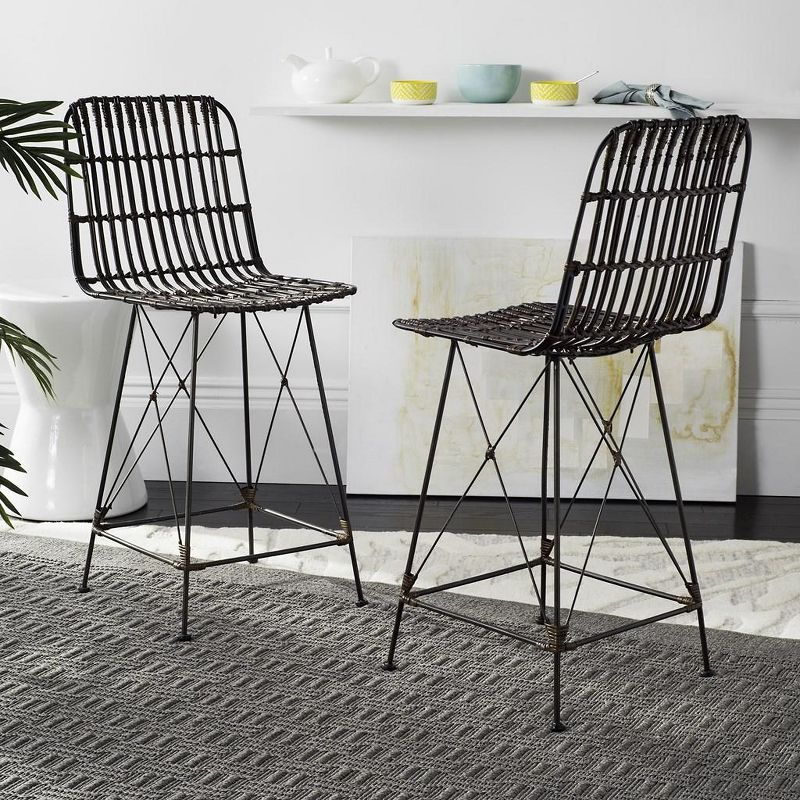 Minerva Wicker Counter Stool (Set of 2) - WIK6509 - Brown/Black - Safavieh