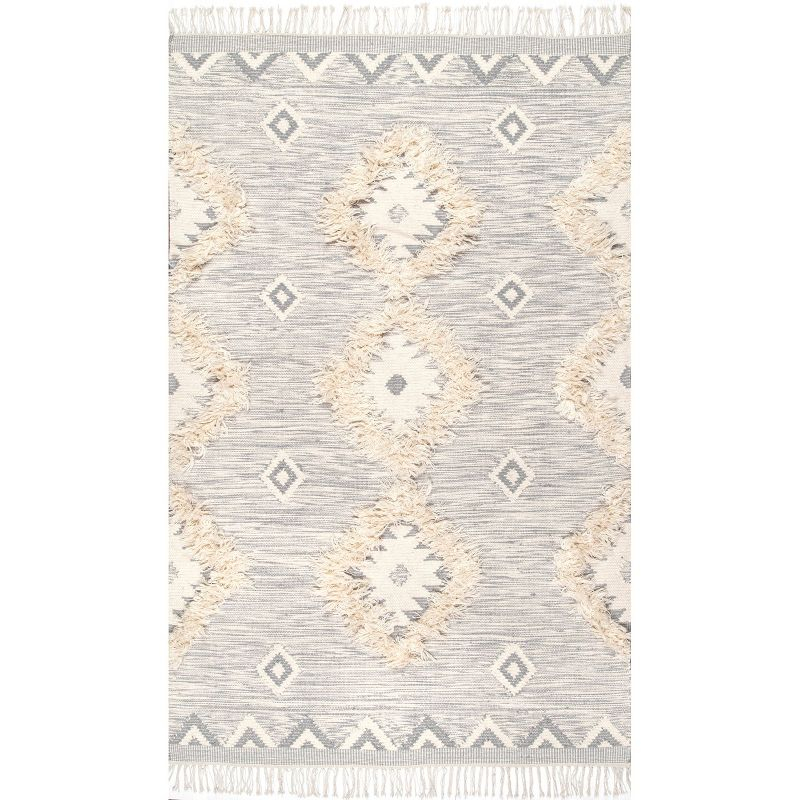 Nuloom Savannah Geometric 5x8 Wool Indoor Area Rug for Living Room Bedroom Dining Room Kitchen, Light Grey/Ivory
