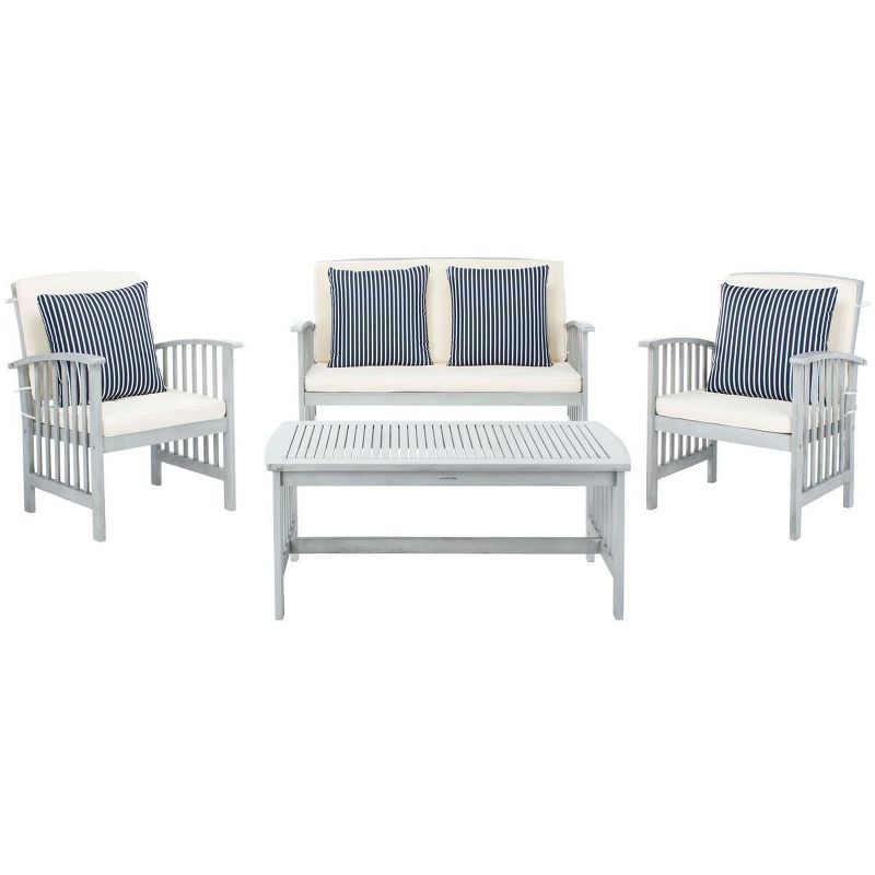 Rocklin 4 Piece Patio Outdoor Conversation Set - Grey/Beige/Navy White - Safavieh