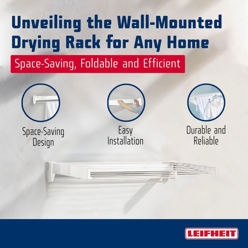 Leifheit Telefix 100 Wall-Mounted Retractable Clothes Drying Rack with 8 Rods, 26 ft. of Drying Space & Sleek Design for Laundry or Dorm Rooms, White