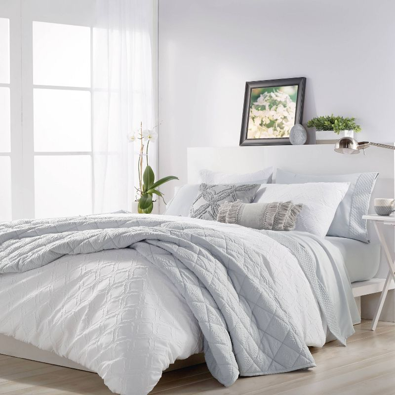 Full/Queen 3Pc Solid Ogee Duvet Set White - Microsculpt: Polyester Microfiber, Lightweight Fabric, Includes 2 Shams