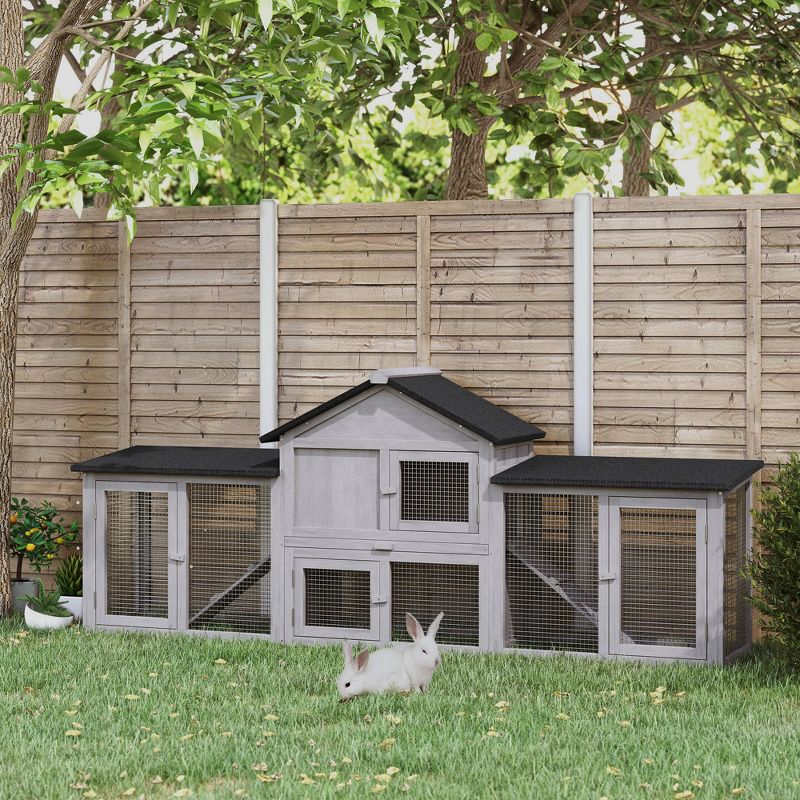 PawHut 83" Wooden Rabbit Hutch Large Bunny Hutch House with Double Run, Removable Tray and Waterproof Roof for Outdoor, Gray
