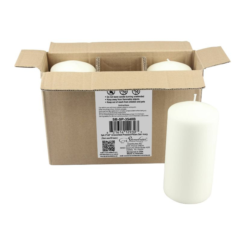 Stonebriar 3pk Tall 3'' x 6'' 65 Hour Long Burning Unscented Ivory Wax Pillar Candle
