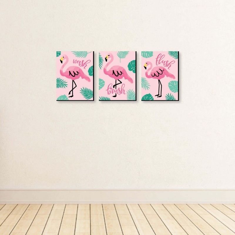 Big Dot of Happiness Pink Flamingo - Kids Bathroom Rules Wall Art - 7.5 x 10 inches - Set of 3 Signs - Wash, Brush, Flush