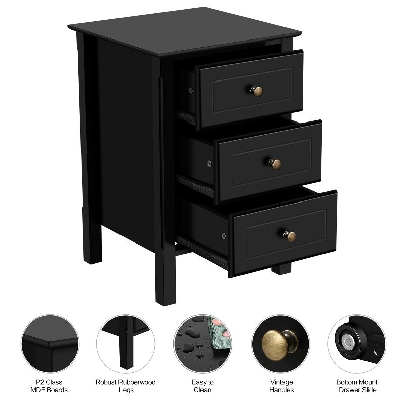 Yaheetech 3 Drawer End Table with Solid Wood Legs for Living Room, Black