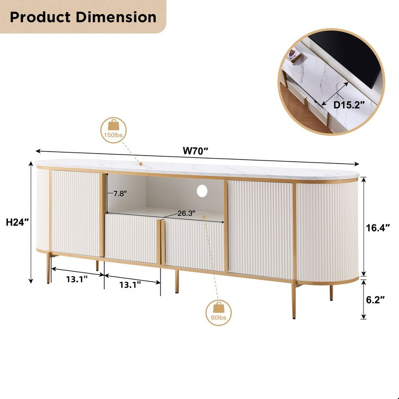 SinCiDo 70" Luxury TV Stand w/Faux Marble Top, Modern TV Console for TVs Up to 80 inches, Off White