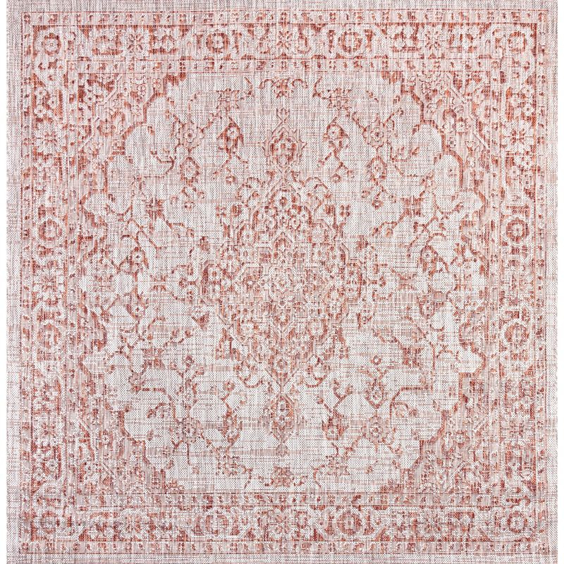 5' Square Rozetta Boho Medallion Textured Weave Indoor/Outdoor Area Rug, Red/Taupe - JONATHAN Y