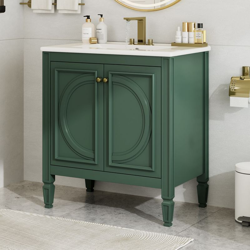 Christopher Knight Home Alison 30" Modern Rubberwood Bathroom Vanity with Ceramic Sink, Shelves and Drawer, Green