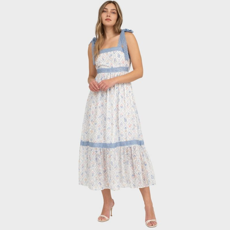 August Sky Women's Sleeveless Lace Trim Floral Midi Dress, Blue Multi, Small