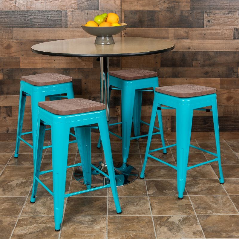 Emma and Oliver 24" High Metal Counter-Height, Indoor Bar Stool with Wood Seat in Teal - Stackable Set of 4