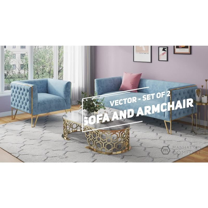 Manhattan Comfort 2pc Vector Sofa and Armchair Set Gray: Velvet Upholstery, Metal & Wood Frame, No Assembly Required