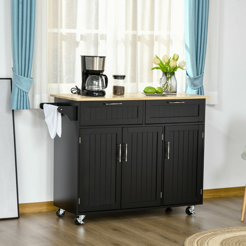 HOMCOM Modern Kitchen Island Cart on Wheels with Storage Drawers, Rolling Utility Cart with Adjustable Shelves, Cabinets and Towel Rack, Black