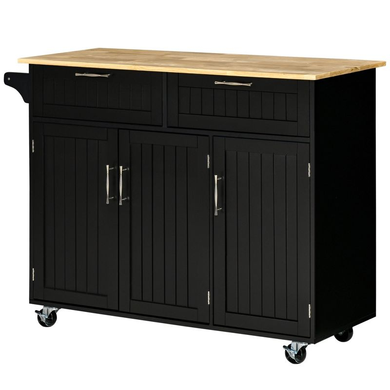 HOMCOM Modern Kitchen Island Cart on Wheels with Storage Drawers, Rolling Utility Cart with Adjustable Shelves, Cabinets and Towel Rack, Black
