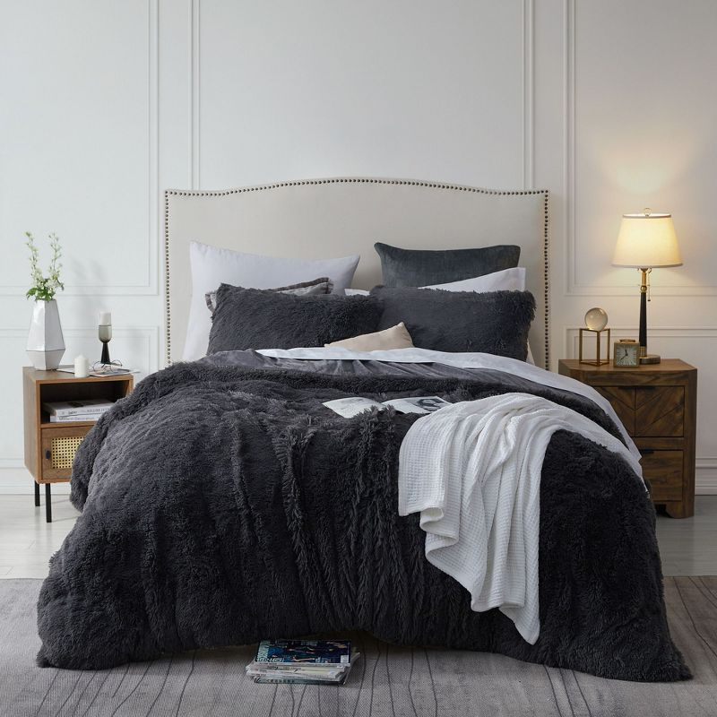 Faux Fur Duvet Cover Set Soft and Fluffy Crystal Velvet Bedding, Queen, Dark Gray