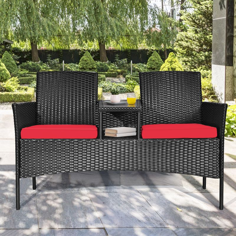 Tangkula Outdoor Rattan Furniture Wicker Patio Conversation Chair W/Cushion Red