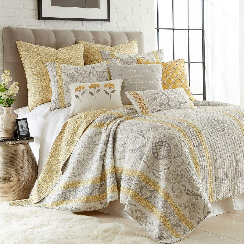 St. Claire - Embroidered Flower Decorative Pillow -  Gold, Grey, White - Levtex Home