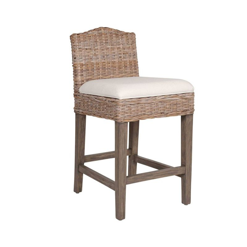 East at Main Durham Rattan Counter Height Barstool with Upholstered Seat and Wood Base Tan: Cotton, No Assembly Required