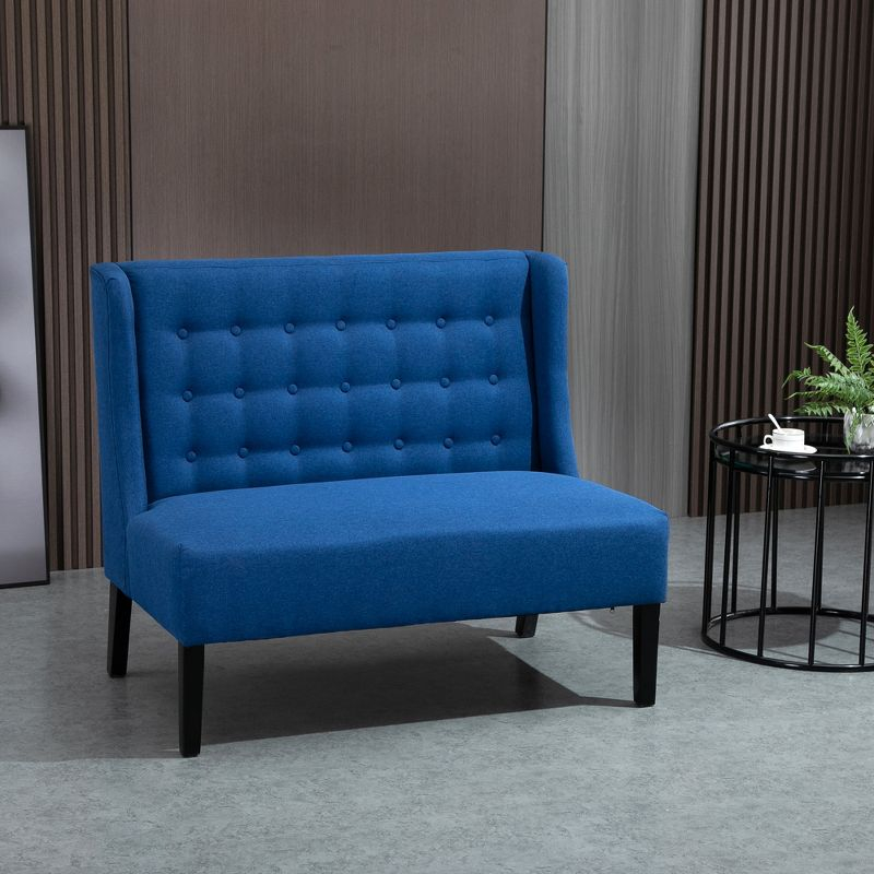 HOMCOM Wingback Double Sofa Linen Fabric Upholstery Button Tufted Loveseat Armless Couch Modern Contemporary Living Room Settee with Wood Legs, Blue