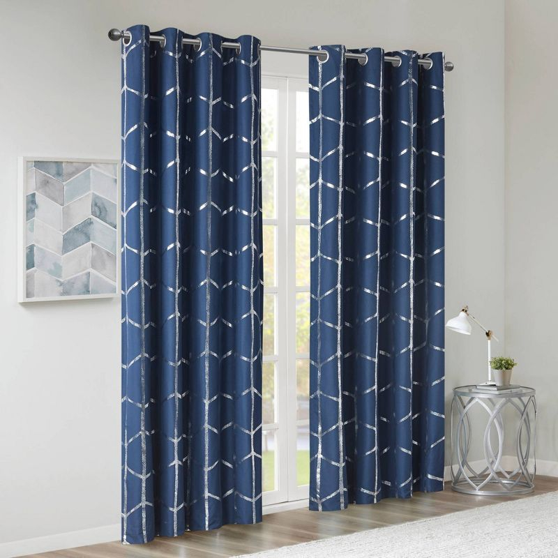 63"x50" Arielle Total Blackout Metallic Printed Curtain Panel Navy: Intelligent Design, Geometric Grommet Top, Energy Efficient
