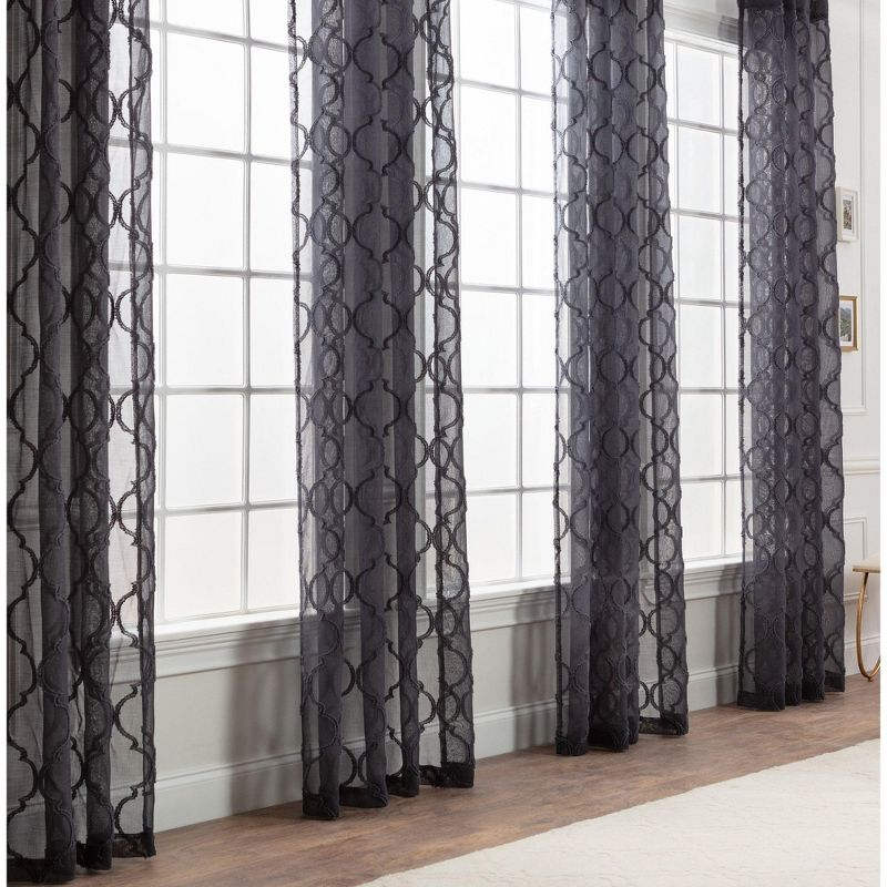 Chanasya 2pk Moroccan Embroidered Grommet Textured Sheer Window Curtain Panels - Set of 2 - 52 x 84 Inches Long - Charcoal