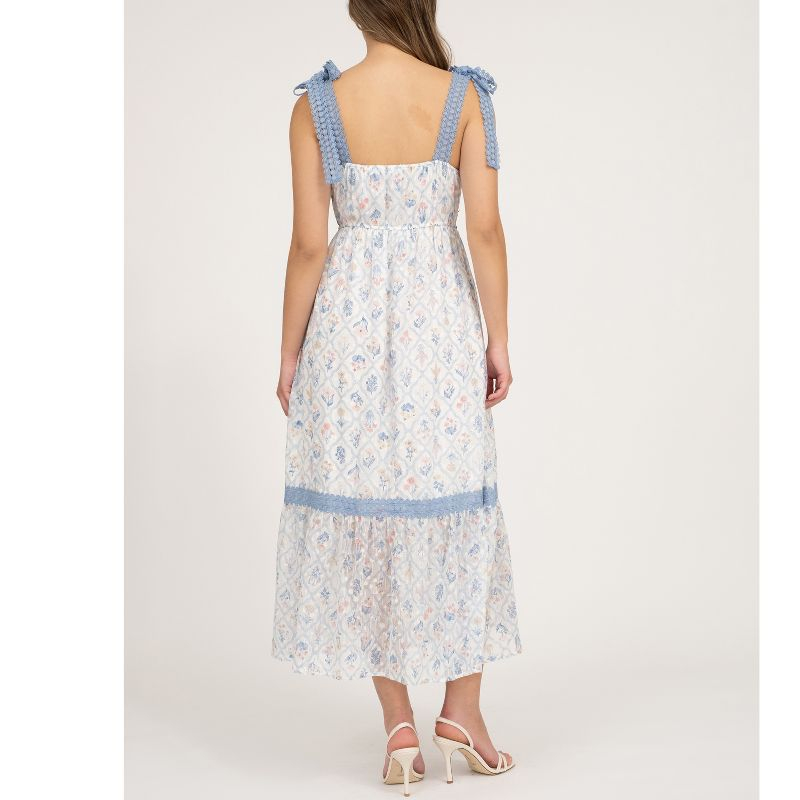 August Sky Women's Sleeveless Lace Trim Floral Midi Dress, Blue Multi, Small