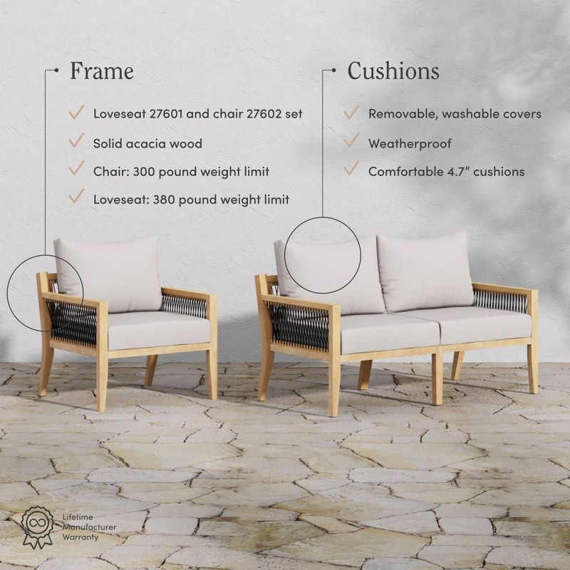 Nathan James 3pc Freya Bohemian Wood Outdoor Patio Conversation Set: Acacia Frame, UV-Resistant