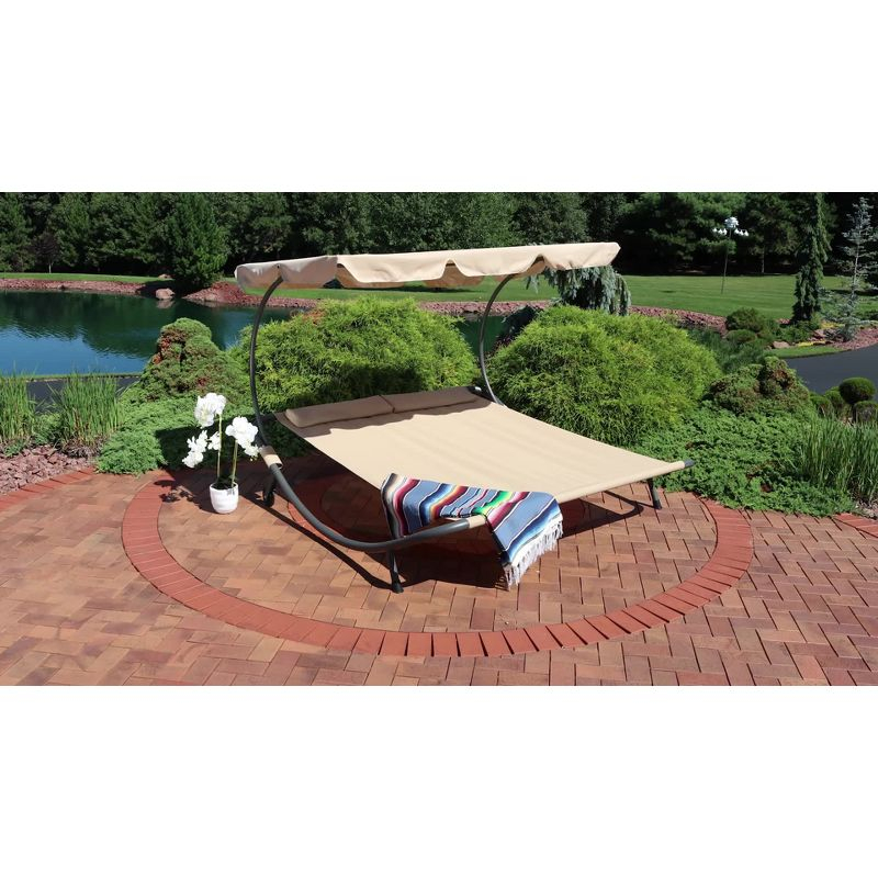 Sunnydaze Outdoor Double Chaise Lounge Bed with Canopy Shade and Headrest Pillows, Beige