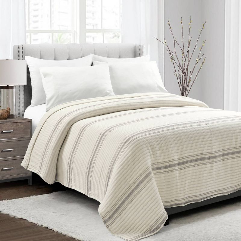 Full/Queen Farmhouse Stripe Kantha Pick Sti Thread Counth Yarn Dyed Woven Single Quilt/Coverlet Gray - Lush Décor