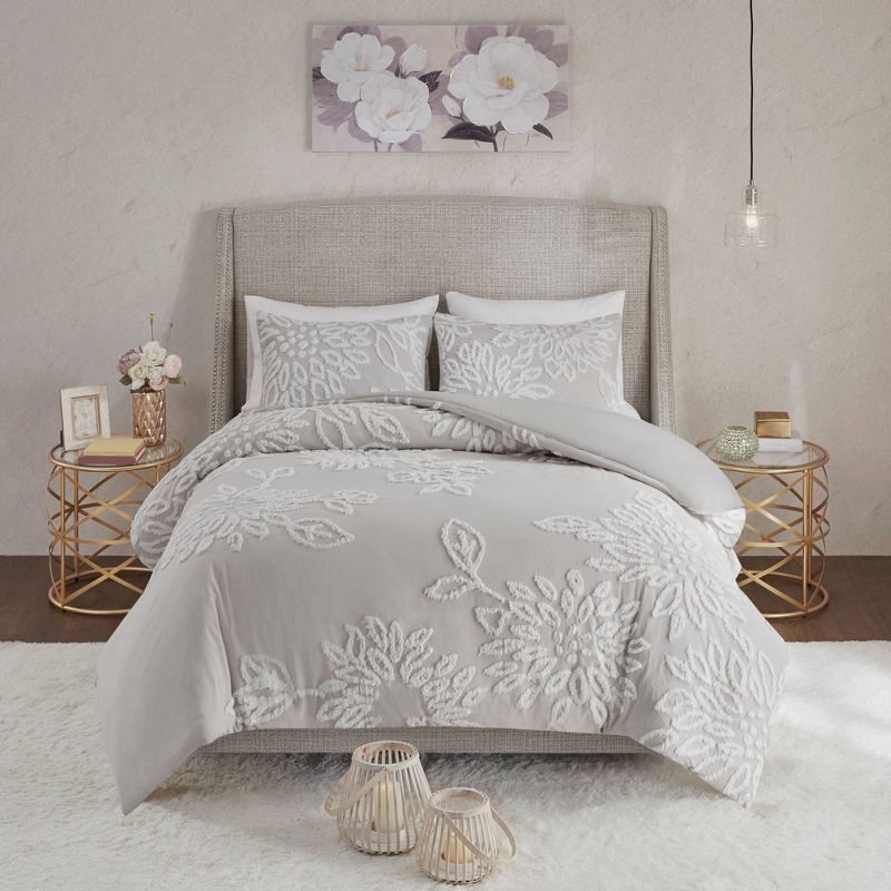 3pc King/California King Danica Tufted Chenille Floral Comforter Set Gray/White - Madison Park