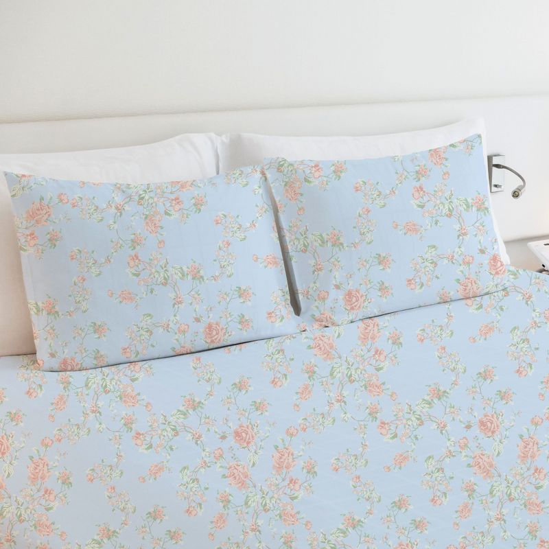 400 Thread Count 100% Cotton Printed Antique Rose Light Blue 4 Piece Sheet Set - Full - California Design Den