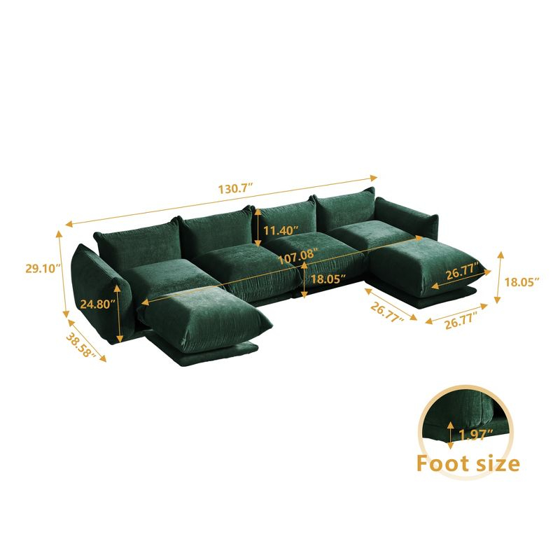 U-Shaped Sectional Sofa,Chenille Minimalist Modular Sofas Couches,6-Seater Sectionals Couch with Wide Reversible Chaise Ottoman for Living Room ,Green