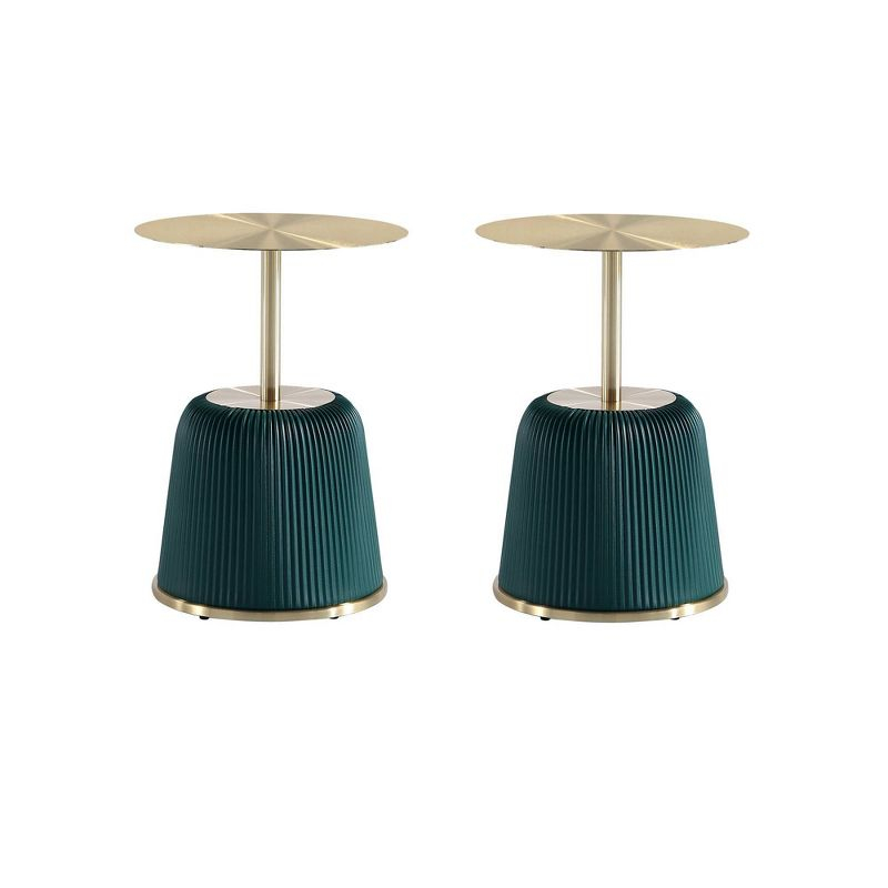 Manhattan Comfort Set of 2 Anderson Leatherette Upholstered End Tables with Gold Tabletop Green: Round, No Assembly, Stainless Steel Frame
