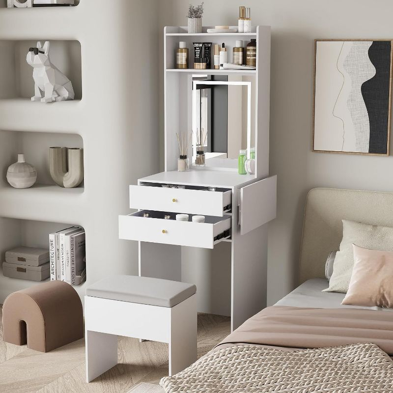 White Small Vanity Desk Set with Mirror and Lights Makeup Table with Drawer, Storage Chair, and Fold-up Panel for Small Space Bedroom
