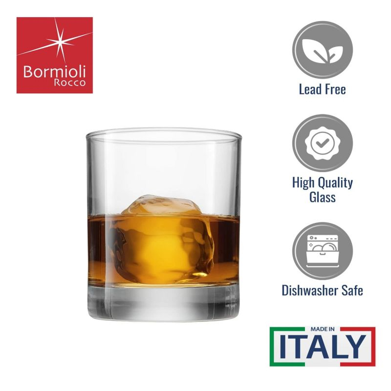 Bormioli Rocco Cortina Set of 6 Old Fashioned Glasses, Lowball Glasses, 8.5 Oz Weighted Bottom Short Glass Tumbler, Made In Italy