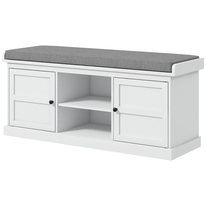 HOMCOM Shoe Bench with Cushion, Storage Bench for Entryway with Padded Seat, 2 Cabinets and Adjustable Shelf for Hallway, Living Room, Bedroom, White