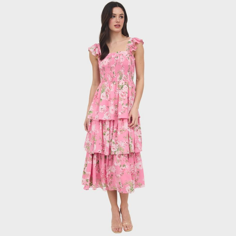 August Sky Women's Smocked Floral Tiered Midi Dress, Pink Multi Large