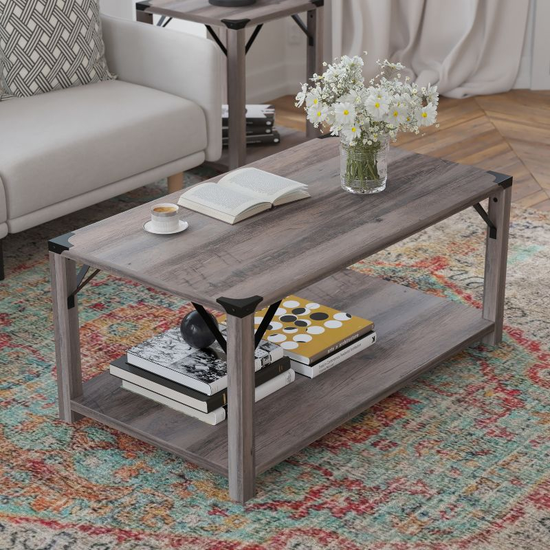 Flash Furniture Wyatt Modern Farmhouse Wooden 2 Tier Coffee Table with Black Metal Corner Accents and Cross Bracing, Gray Wash