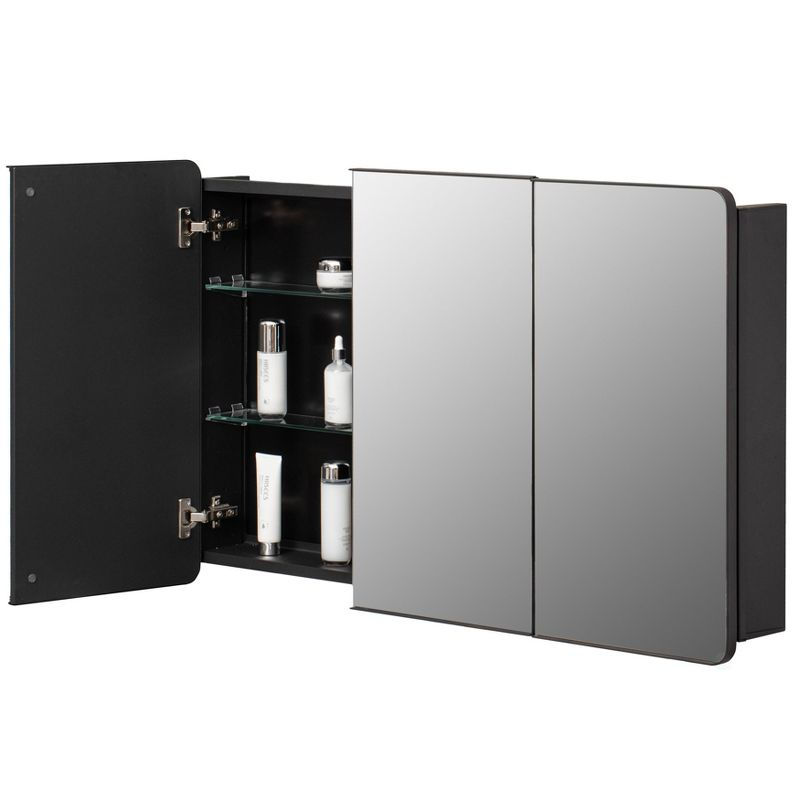 Basicwise 3-Door Aluminum Medicine Cabinet, Round Corner Frame, Surface or Recessed Mount, Mirrored Doors with Adjustable Glass Shelves, Matte Black